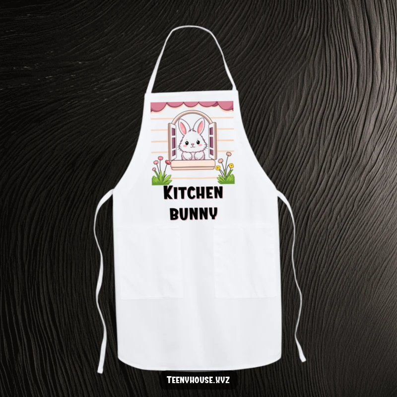 Funny Apron: Fluffy bunny peeking from a miniature house window, adding cute humor to your kitchen.