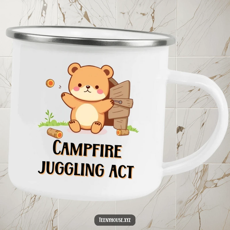 Funny Camping Mug: Tiny bear juggling tiny logs near a small wooden door, perfect for outdoor bear humor.
