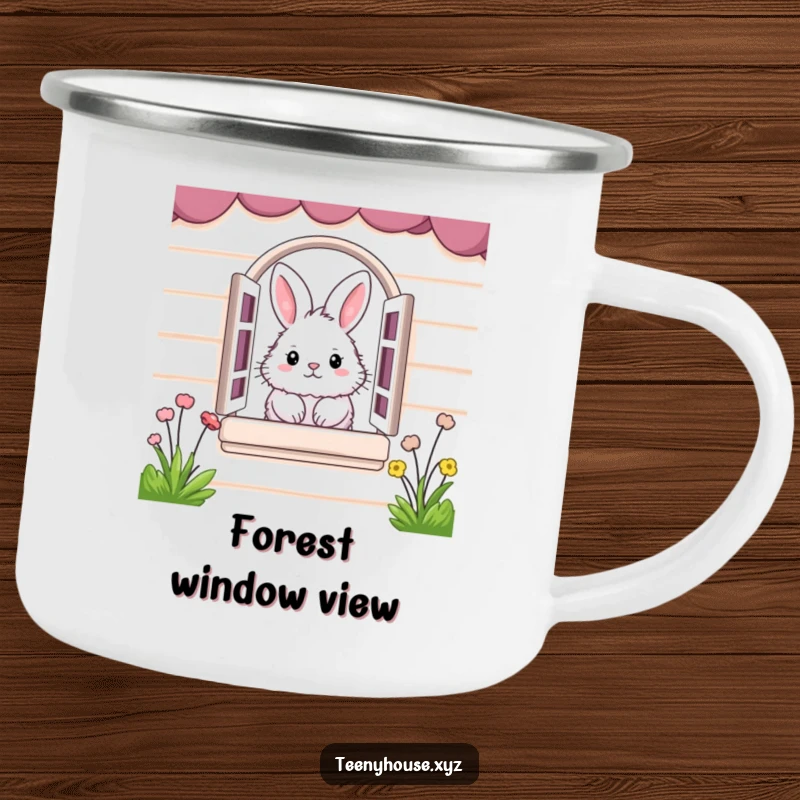 Funny Camping Mug: Fluffy bunny peeking from a miniature house window, perfect for outdoor cute humor.