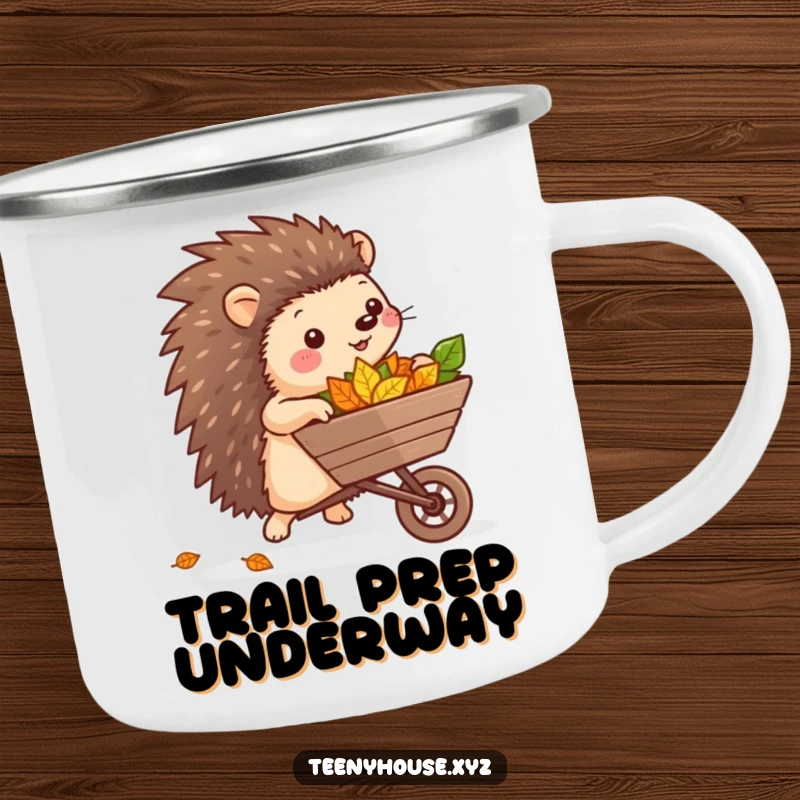 Funny Hedgehog Outdoor Mug: A happy hedgehog rolling a wheelbarrow of leaves, designed for outdoor fun and a touch of humor.