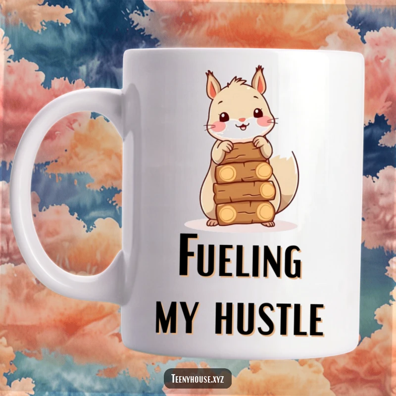Funny Squirrel Firewood Mug: A happy squirrel diligently stacking small bundles of firewood, ready for cozy times.