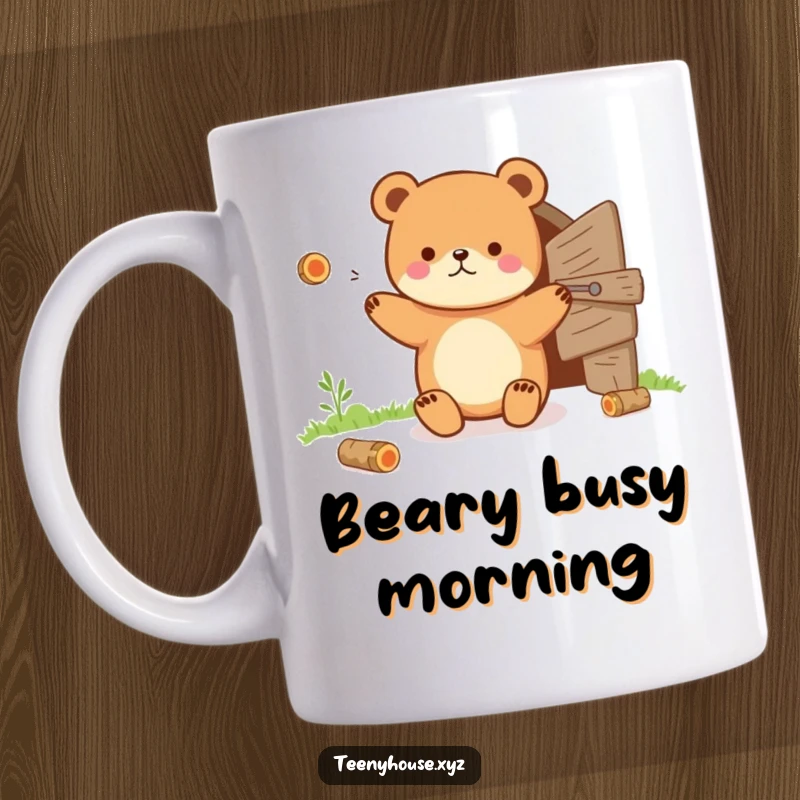 Funny Mug: Tiny bear juggling tiny logs near a small wooden door, a whimsical and humorous scene.