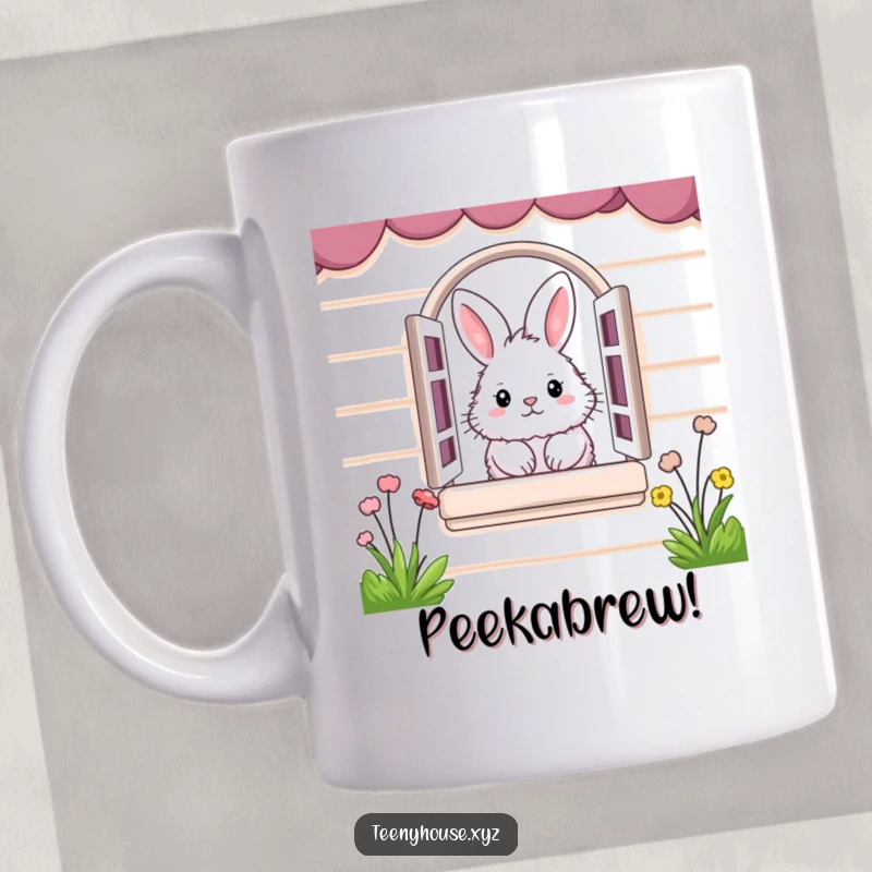 Funny Mug: Fluffy bunny peeking from a miniature house window, a charming and humorous scene.