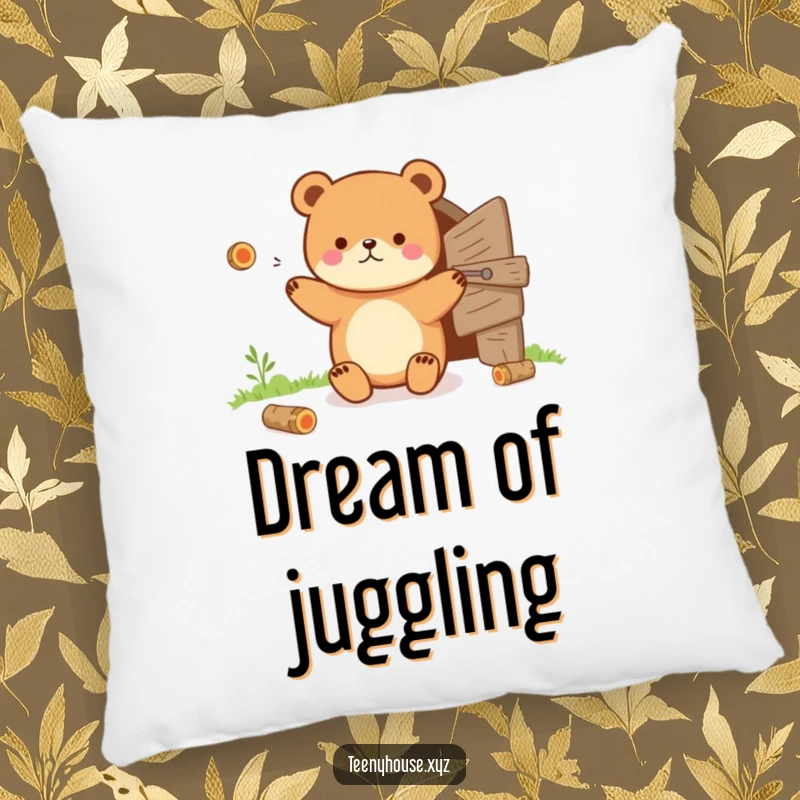 Funny Pillow: Tiny bear juggling tiny logs near a small wooden door, perfect for soft, humorous comfort.