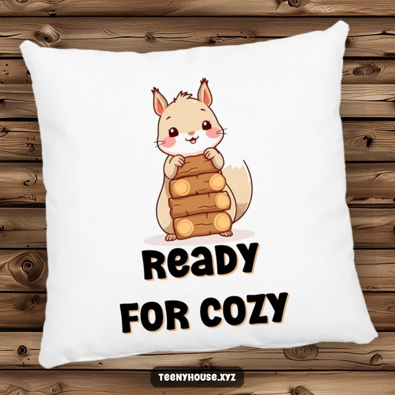 Funny Squirrel Firewood Pillow: A happy squirrel stacking miniature firewood bundles, adding a cozy and humorous touch.