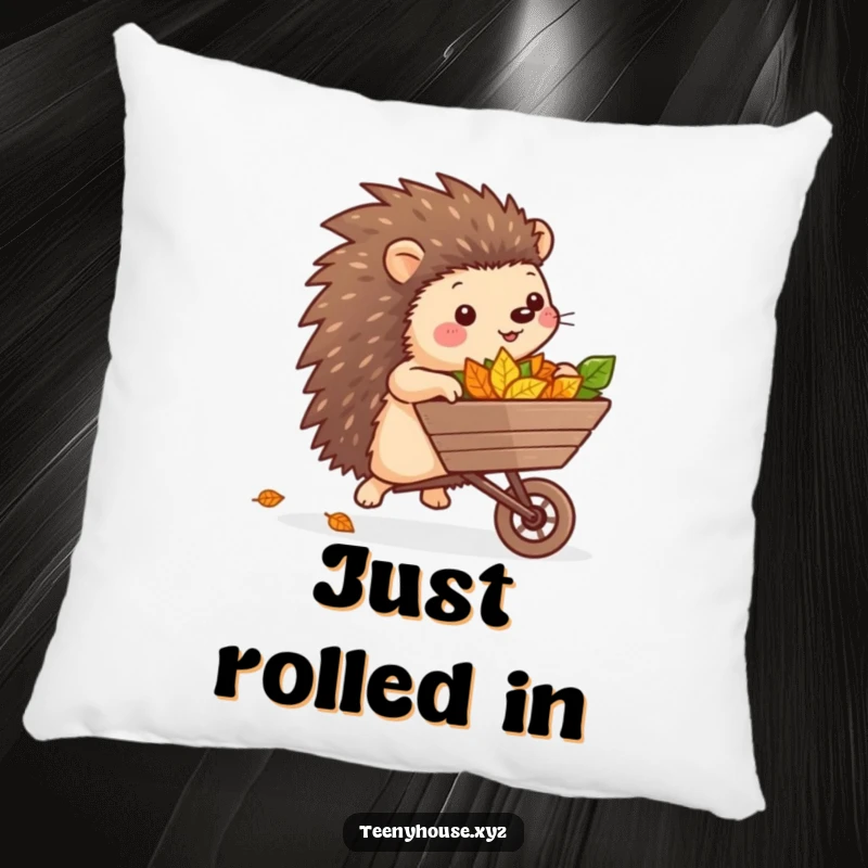 Funny Hedgehog Leaf Pillow: A cute hedgehog rolling a wheelbarrow of leaves, offering a soft and humorous touch to any room.