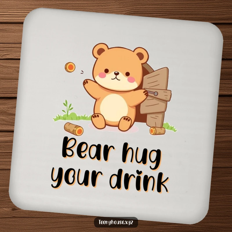 Funny Coasters: Set of 4, with a tiny bear juggling tiny logs near a small wooden door, for humor.