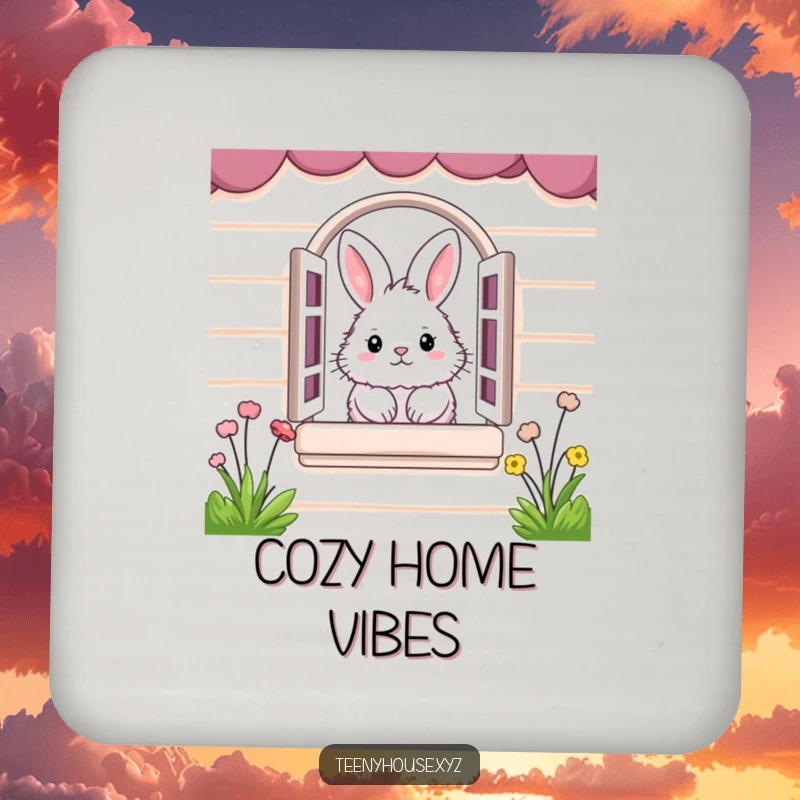 Funny Coasters: Set of 4, with a fluffy bunny peeking from a miniature house window, for humor.