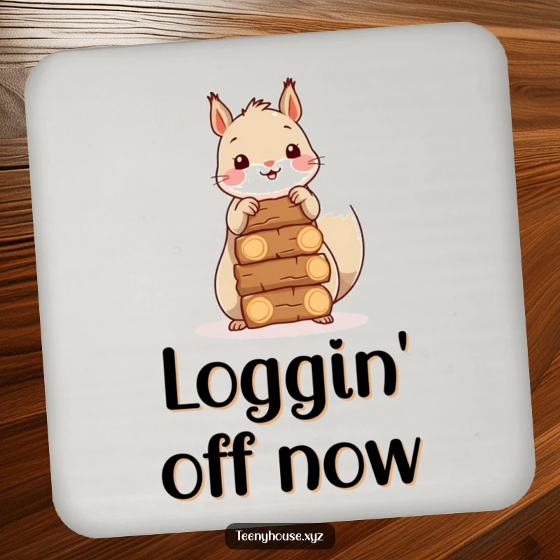 Funny Squirrel Firewood Coaster Set: A happy squirrel stacking miniature firewood bundles, protecting drinks with a charming forest vibe.