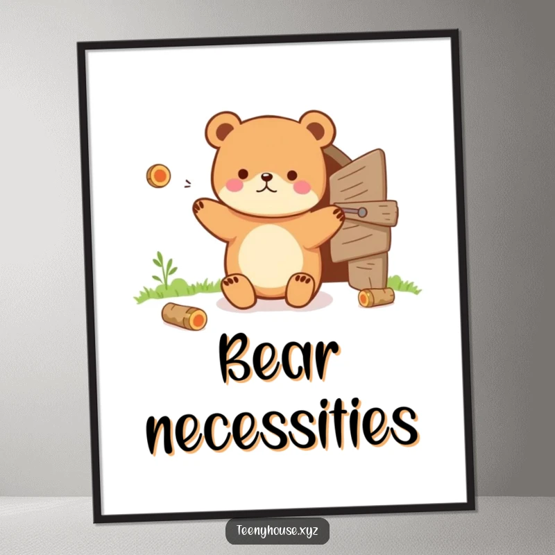 Funny Poster: Tiny bear juggling tiny logs near a small wooden door, a whimsical and humorous wall art.