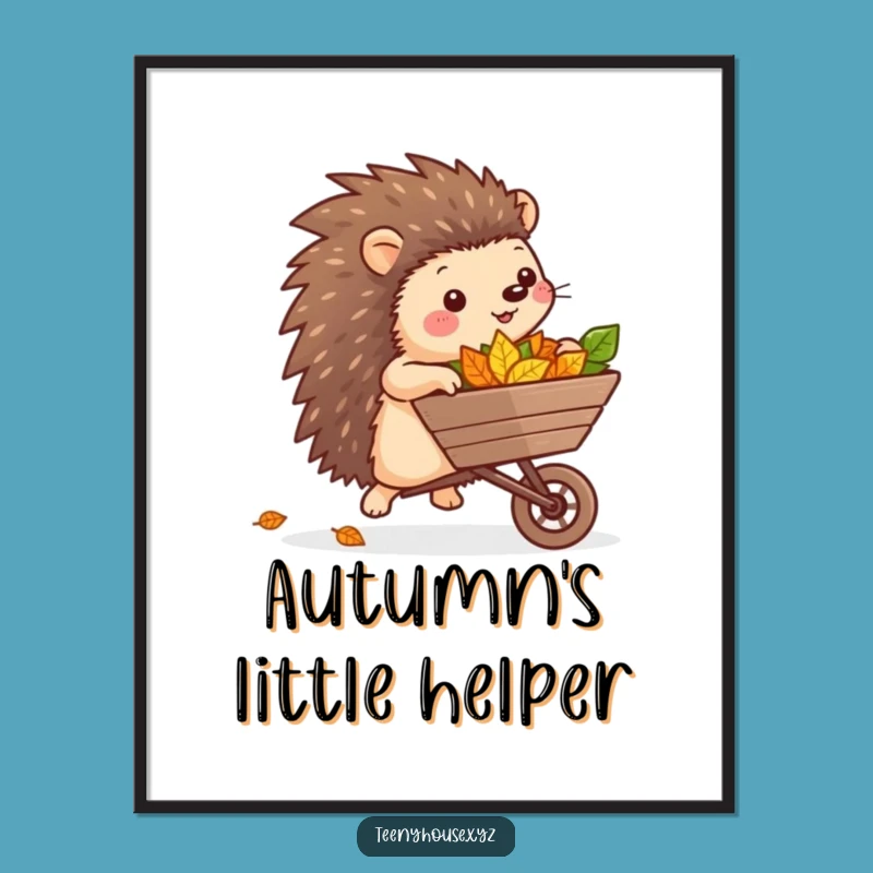 Funny Hedgehog Garden Poster - Cheerful Leaf Rolling Wheelbarrow Art Funny Gift