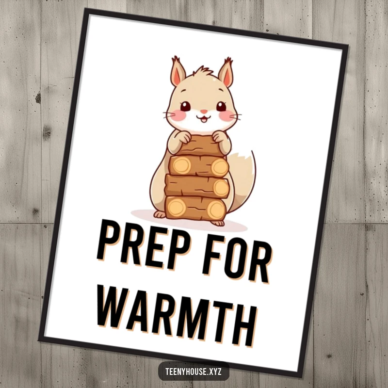 Funny Squirrel Firewood Poster: A happy squirrel stacking miniature firewood bundles, bringing a charming woodland scene to your wall.