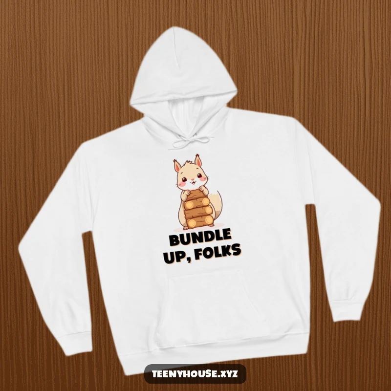 Funny Squirrel Firewood Hoodie: A happy squirrel stacking miniature firewood bundles, offering warmth and woodland charm.