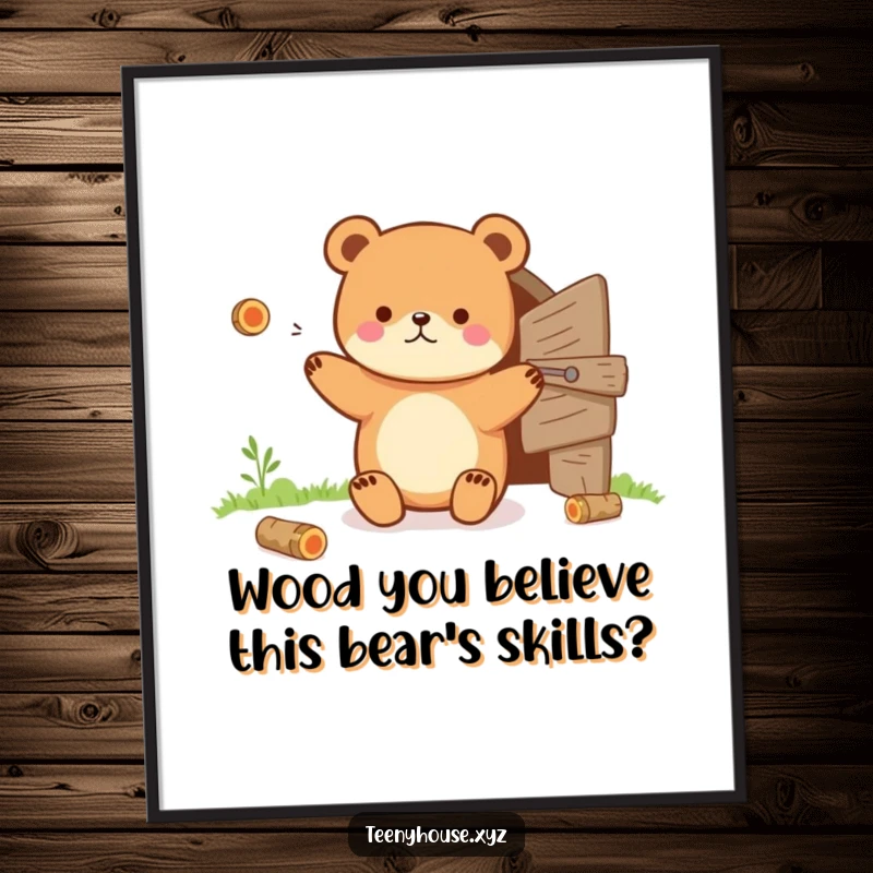 Funny Free Printable Wall Art of a tiny bear juggling tiny logs near a small wooden door, whimsical woodland scene.