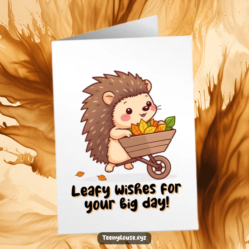 Funny Free Printable Birthday Card: Cheerful hedgehog rolling leaves in a wheelbarrow, ready for a birthday surprise.