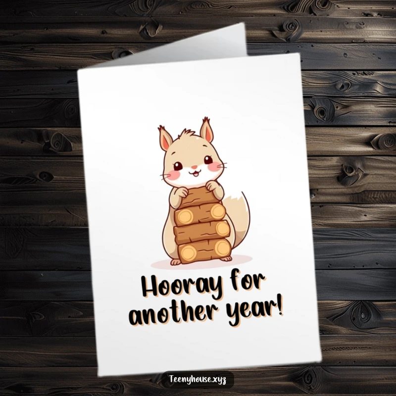 Funny Free Printable Birthday Card: Happy squirrel diligently stacking small bundles of firewood, ready for winter fun.