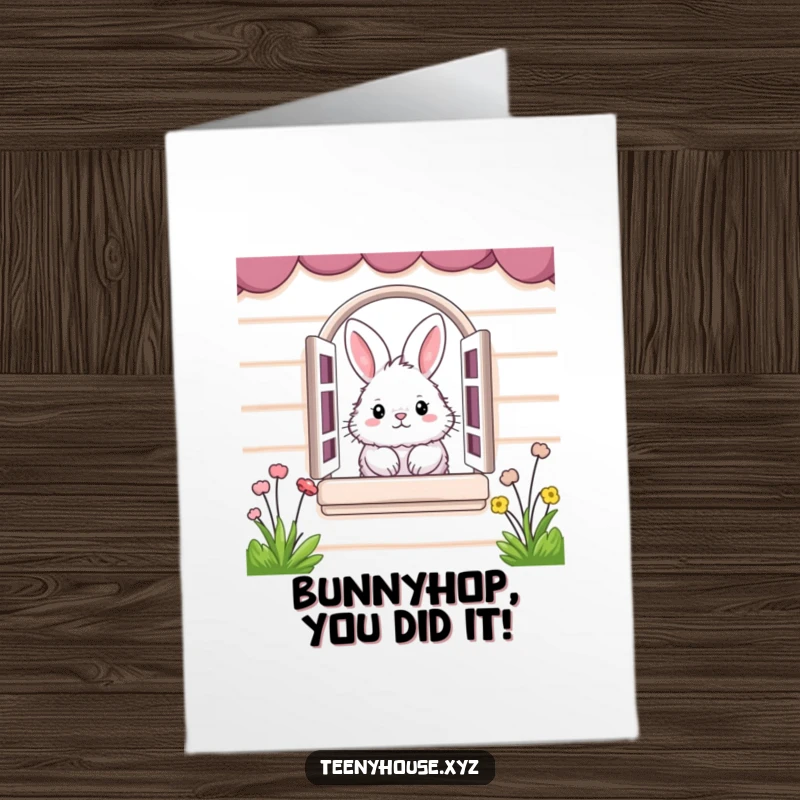 Funny Free Printable Congratulations Card with a fluffy bunny peeking from a miniature house window, celebrating achievements.