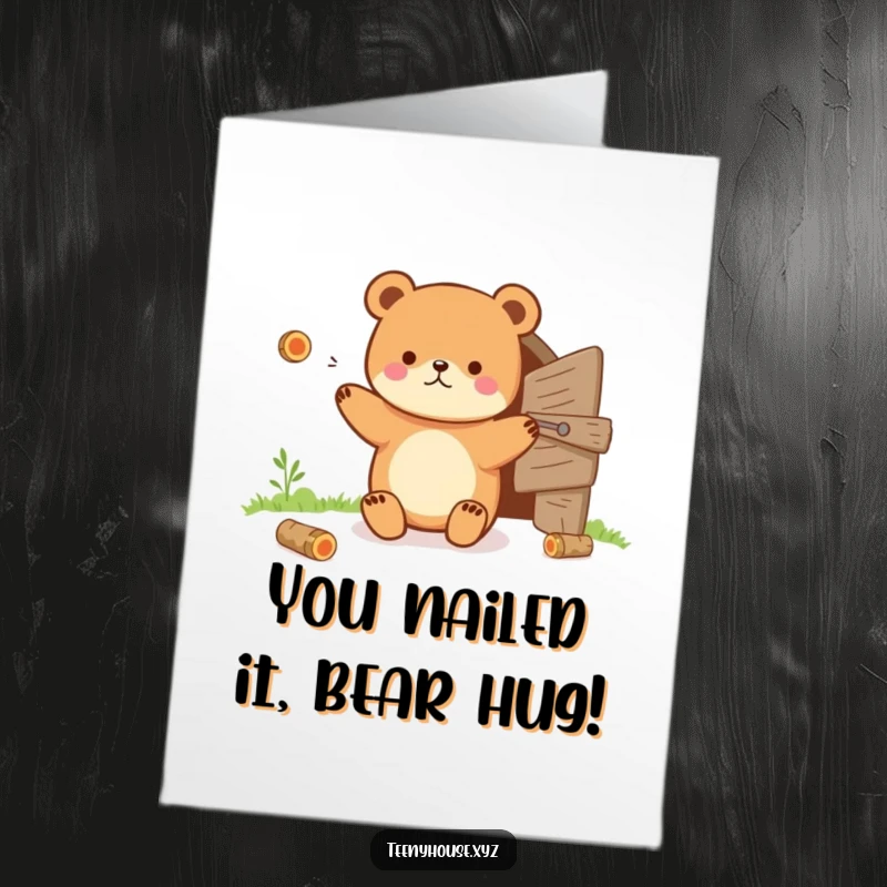 Funny Free Printable Congratulations Card with a tiny bear juggling tiny logs near a small wooden door, celebrating skill.