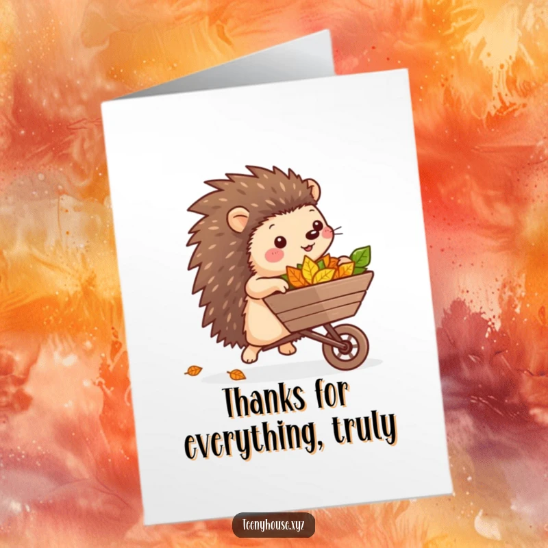 Free Printable Thank You Card: Cheerful hedgehog rolling a wheelbarrow packed with leaves for a heartfelt thank you.