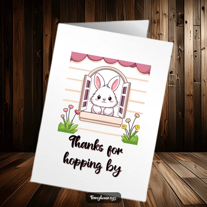 Funny Free Printable Thank You Card with a fluffy bunny peeking from a miniature house window, perfect for thank yous.