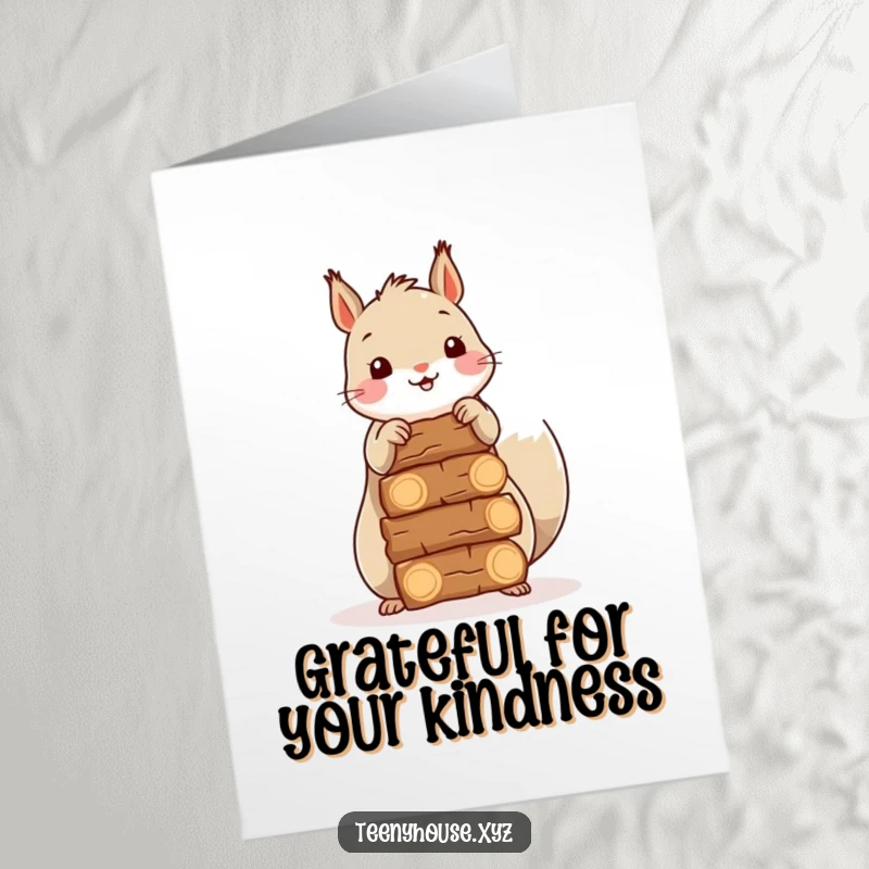 Free Printable Thank You Card: Happy squirrel busy stacking small firewood logs, a cozy way to say thanks.