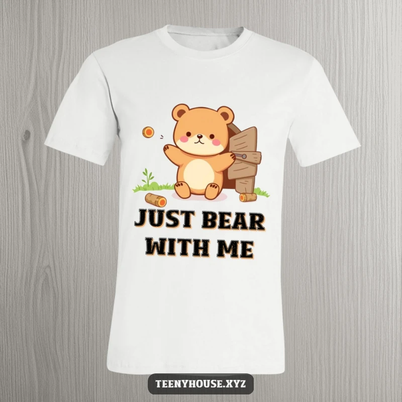 Funny T-Shirt: Tiny bear juggling tiny logs near a small wooden door, a whimsical and humorous design.