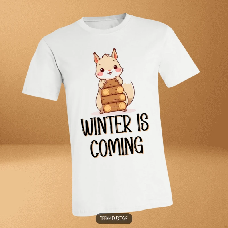 Funny Squirrel Firewood Tee: A happy squirrel busy stacking miniature firewood bundles, capturing a scene of industrious charm.